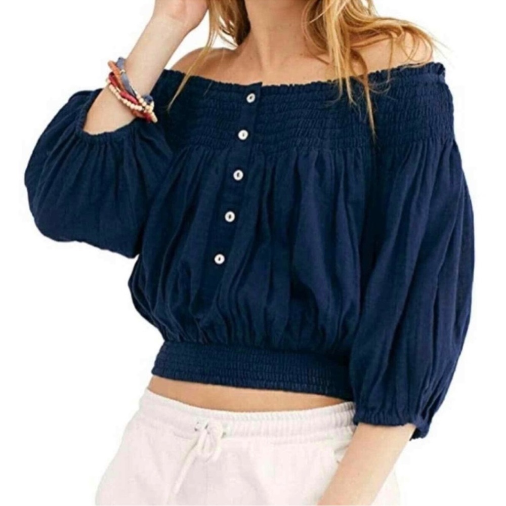 We The Free Navy Off-Shoulder Smocked Crop Top
